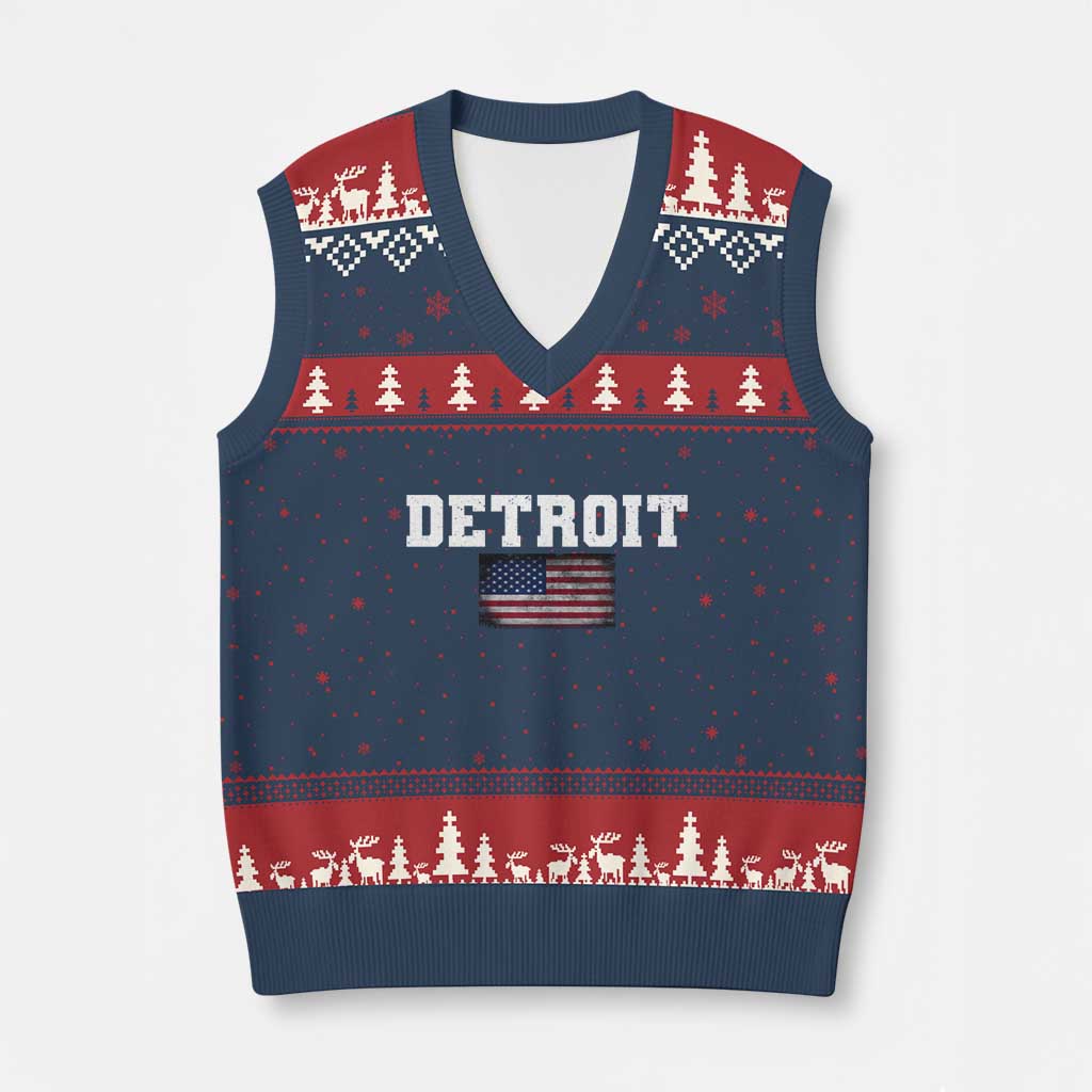 Classic Detroit V-Neck Knit Sweater Vest Retro Varsity Vintage Sports Team Name USA Flag - Wonder Print Shop