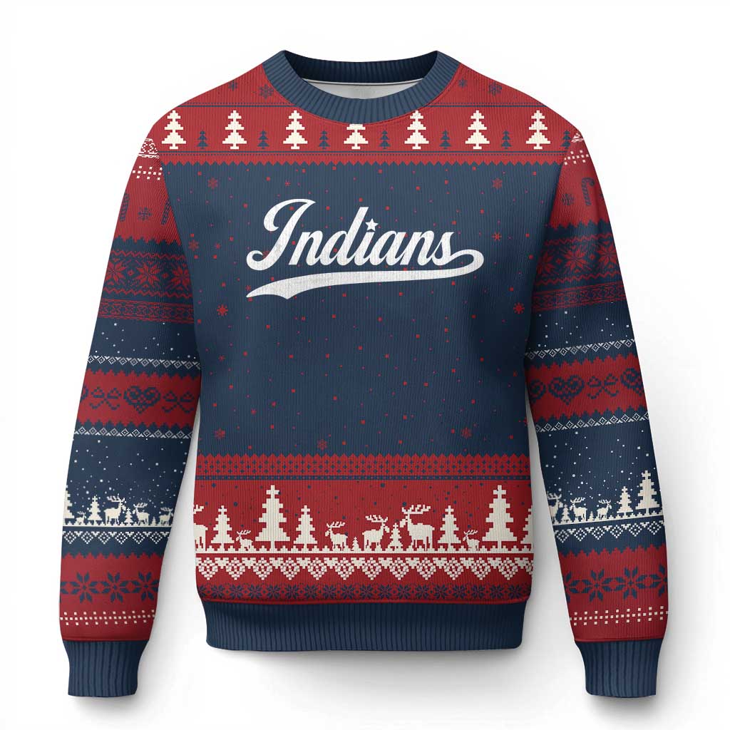Retro Script Indians Ugly Christmas Sweater Vintage Sports Team Name - Wonder Print Shop