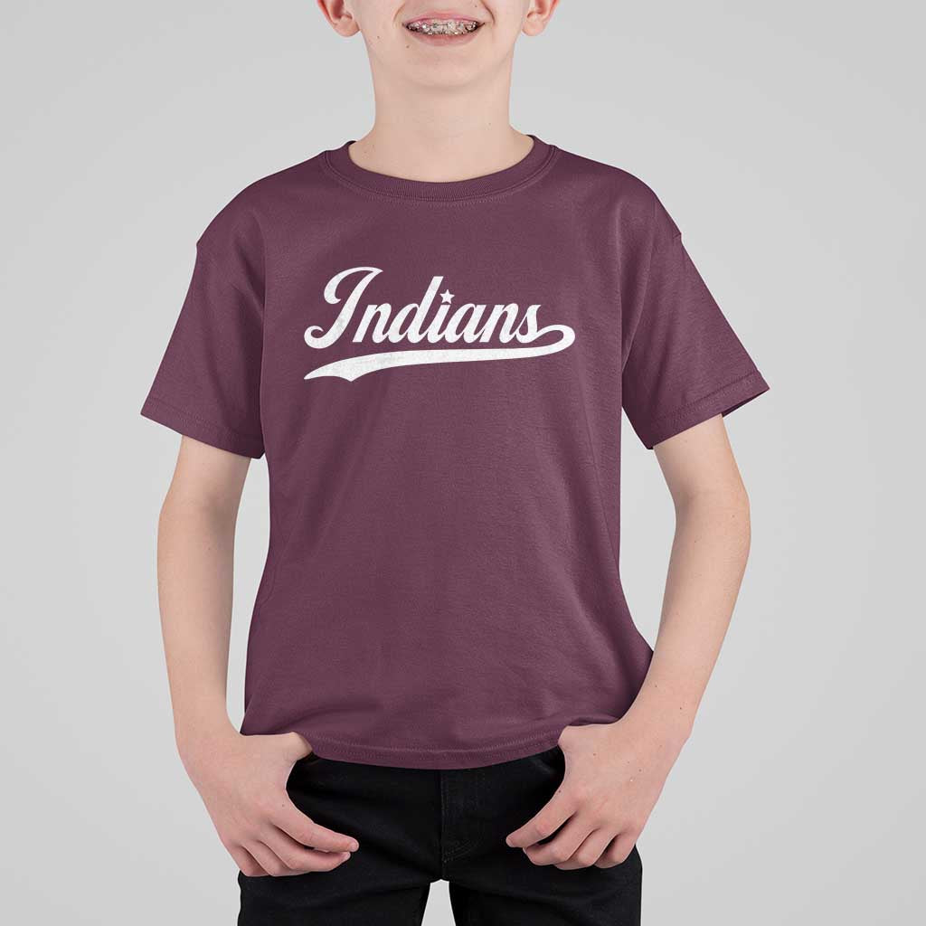 Retro Script Indians T Shirt For Kid Vintage Sports Team Name - Wonder Print Shop