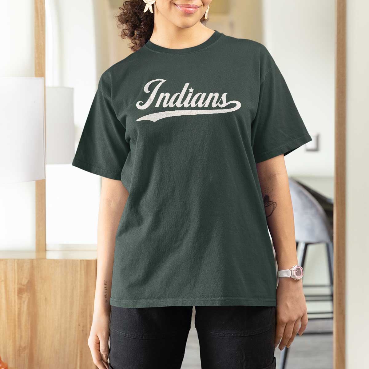 Retro Script Indians T Shirt For Women Vintage Sports Team Name - Wonder Print Shop