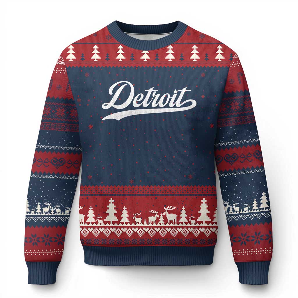 Retro Script Detroit Ugly Christmas Sweater Vintage Sports Team Name - Wonder Print Shop