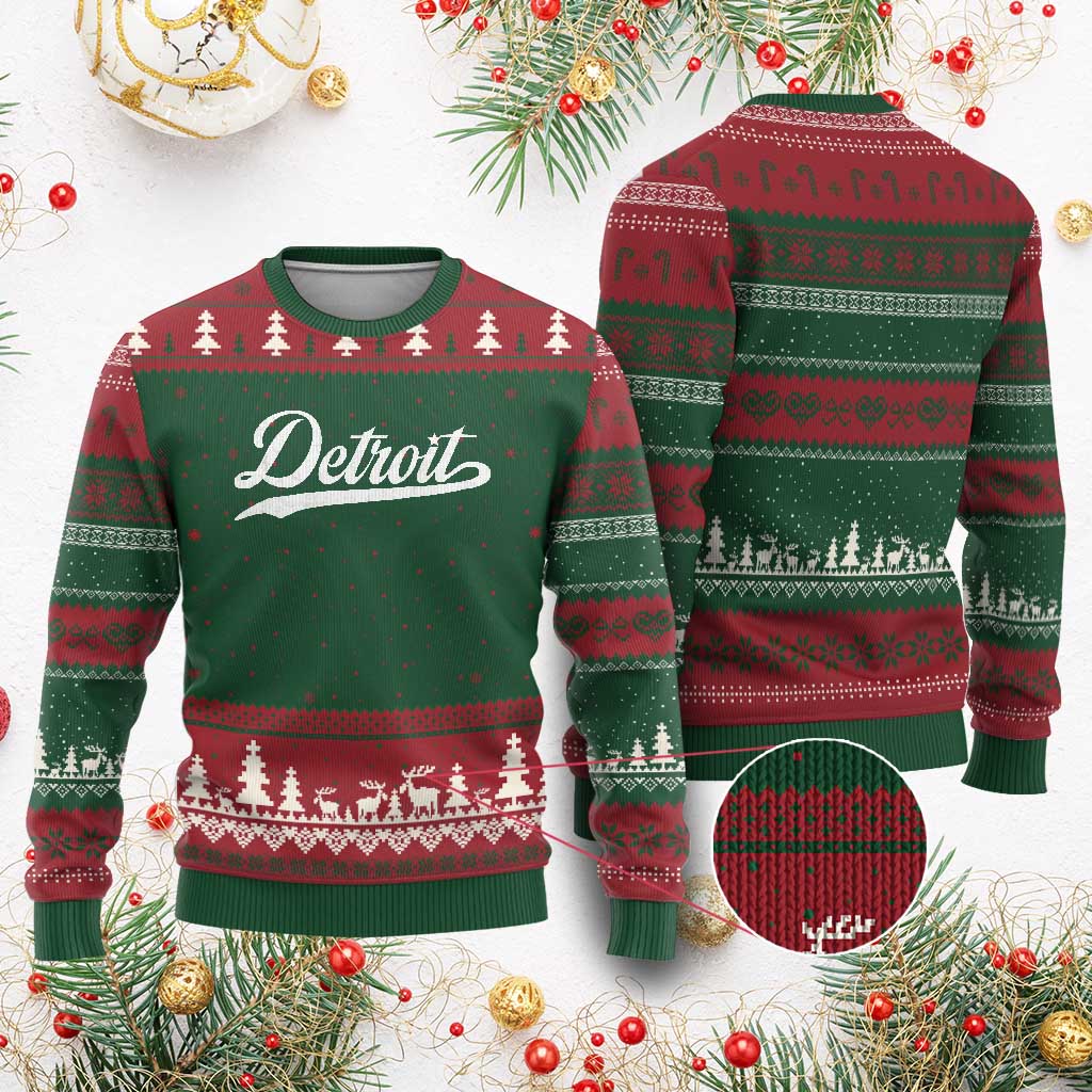 Retro Script Detroit Ugly Christmas Sweater Vintage Sports Team Name - Wonder Print Shop