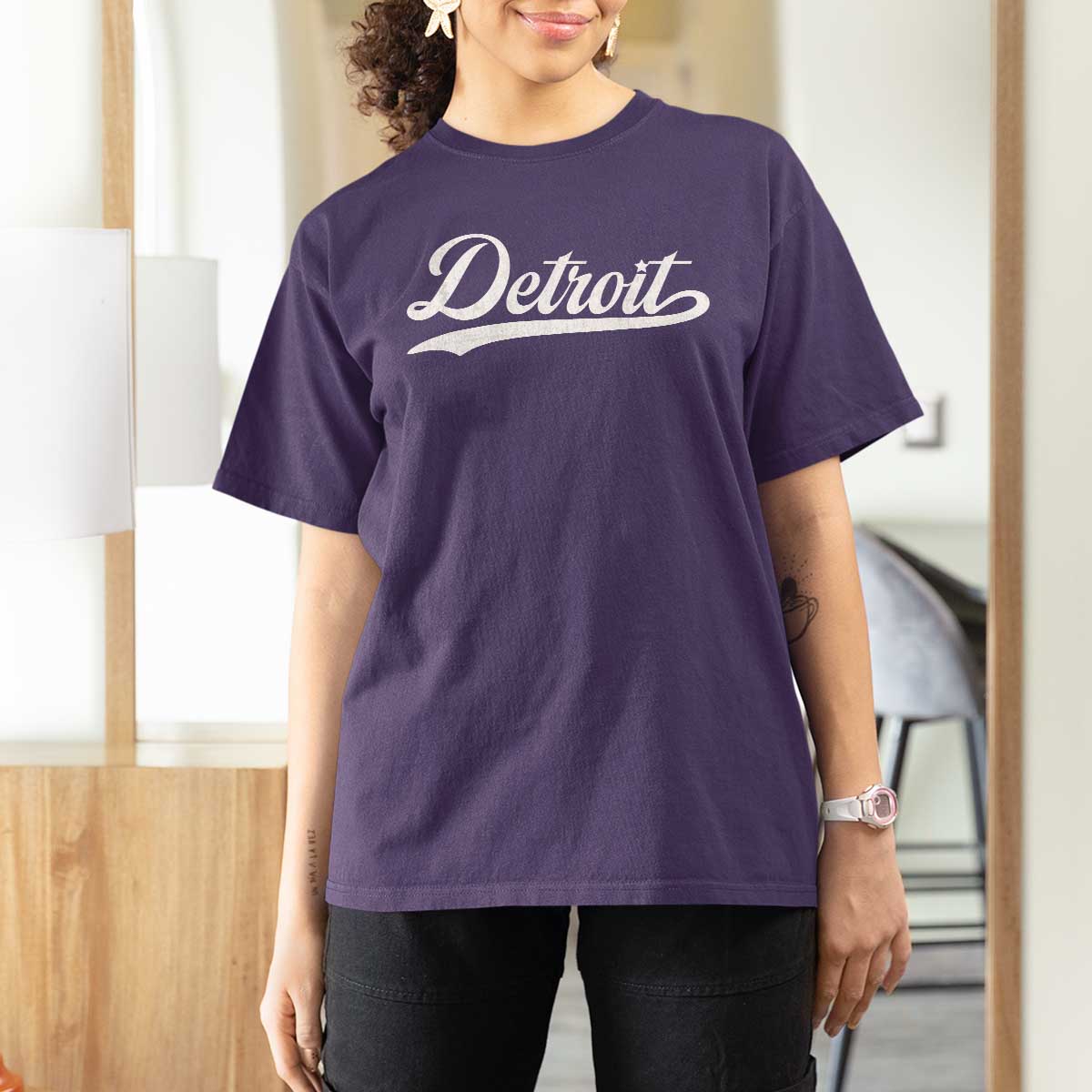 Retro Script Detroit T Shirt For Women Vintage Sports Team Name - Wonder Print Shop