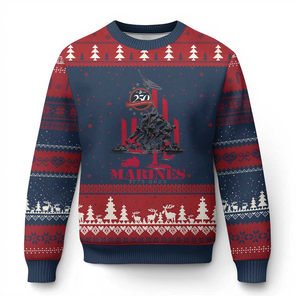 Marine Veteran 250th Anniversary Ugly Christmas Sweater Retro Military Corps American Flag - Wonder Print Shop