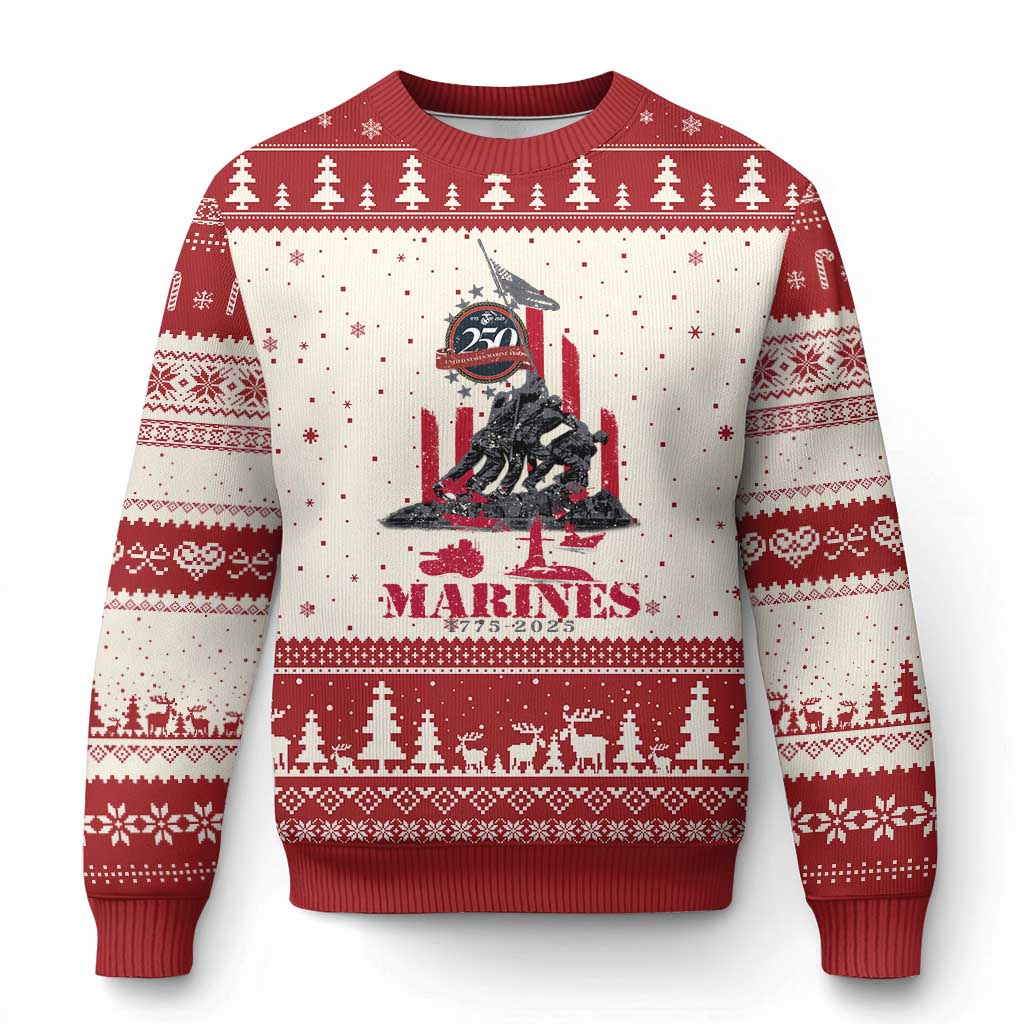 Marine Veteran 250th Anniversary Ugly Christmas Sweater Retro Military Corps American Flag TS10