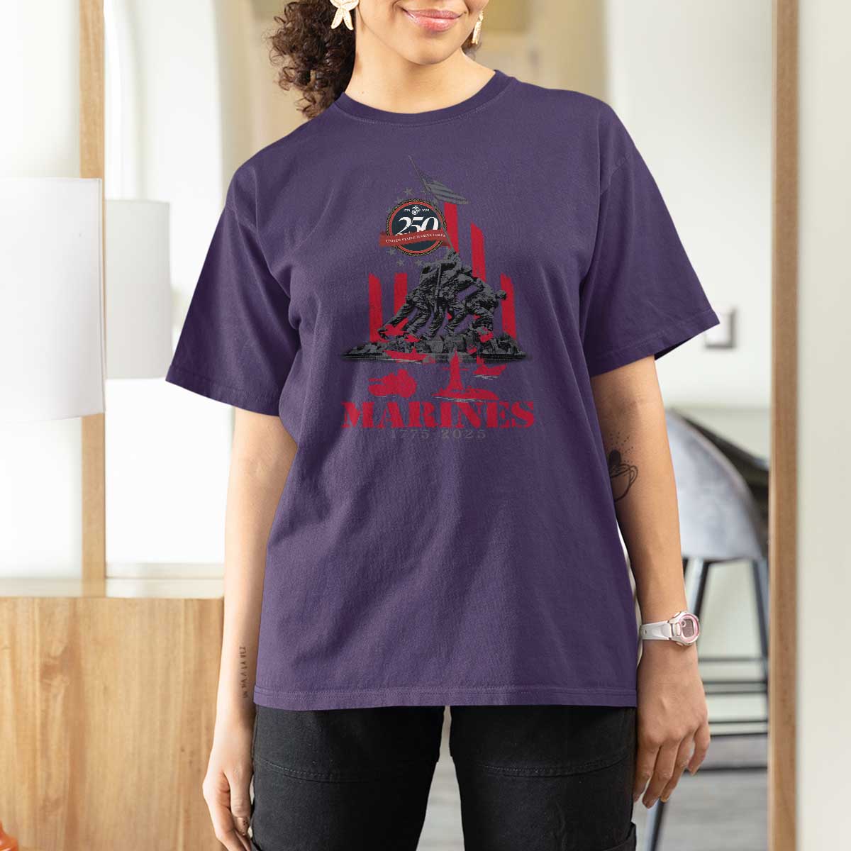 Marine Veteran 250th Anniversary T Shirt For Women Retro Military Corps American Flag - Wonder Print Shop