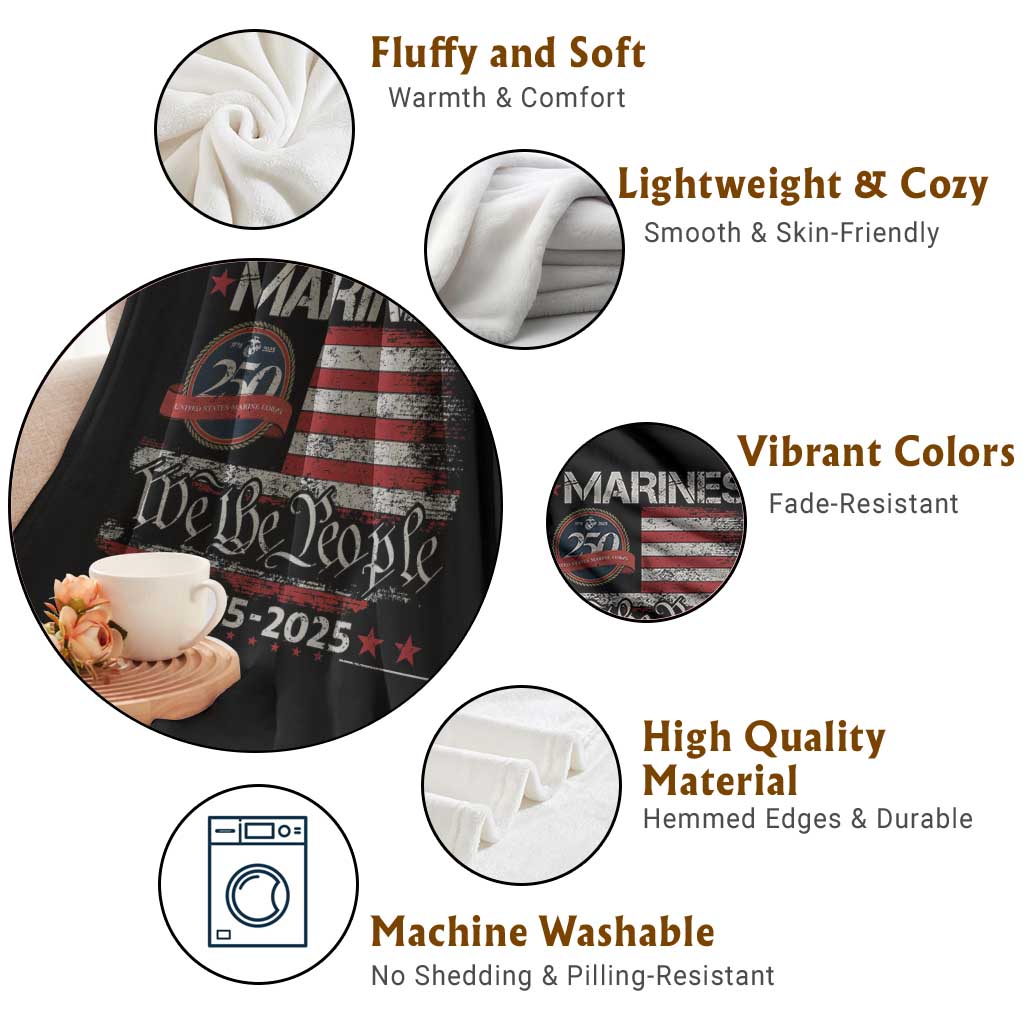 Marine Veteran 250th Anniversary Throw Blanket Retro Patriotic Military Gift American Flag - Wonder Print Shop