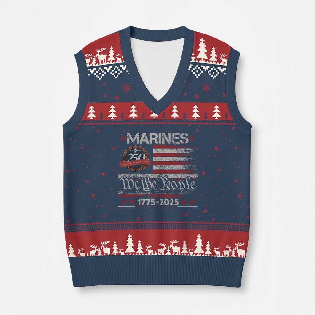 Marine Veteran 250th Anniversary V-Neck Knit Sweater Vest Retro Patriotic Military Gift American Flag - Wonder Print Shop