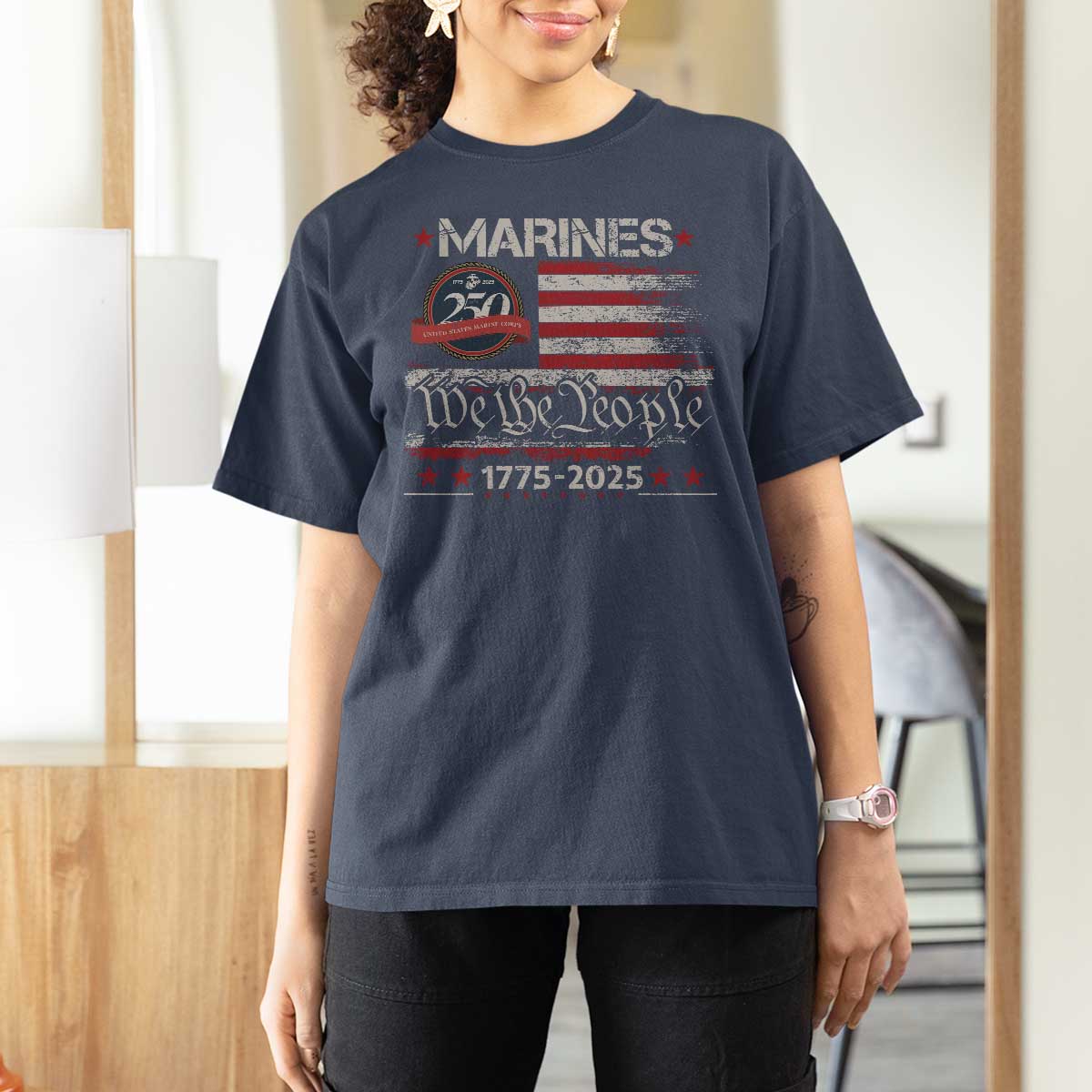 Marine Veteran 250th Anniversary T Shirt For Women Retro Patriotic Military Gift American Flag - Wonder Print Shop