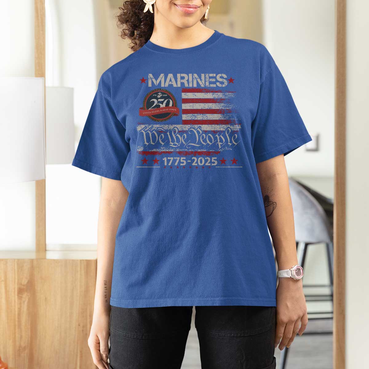 Marine Veteran 250th Anniversary T Shirt For Women Retro Patriotic Military Gift American Flag - Wonder Print Shop