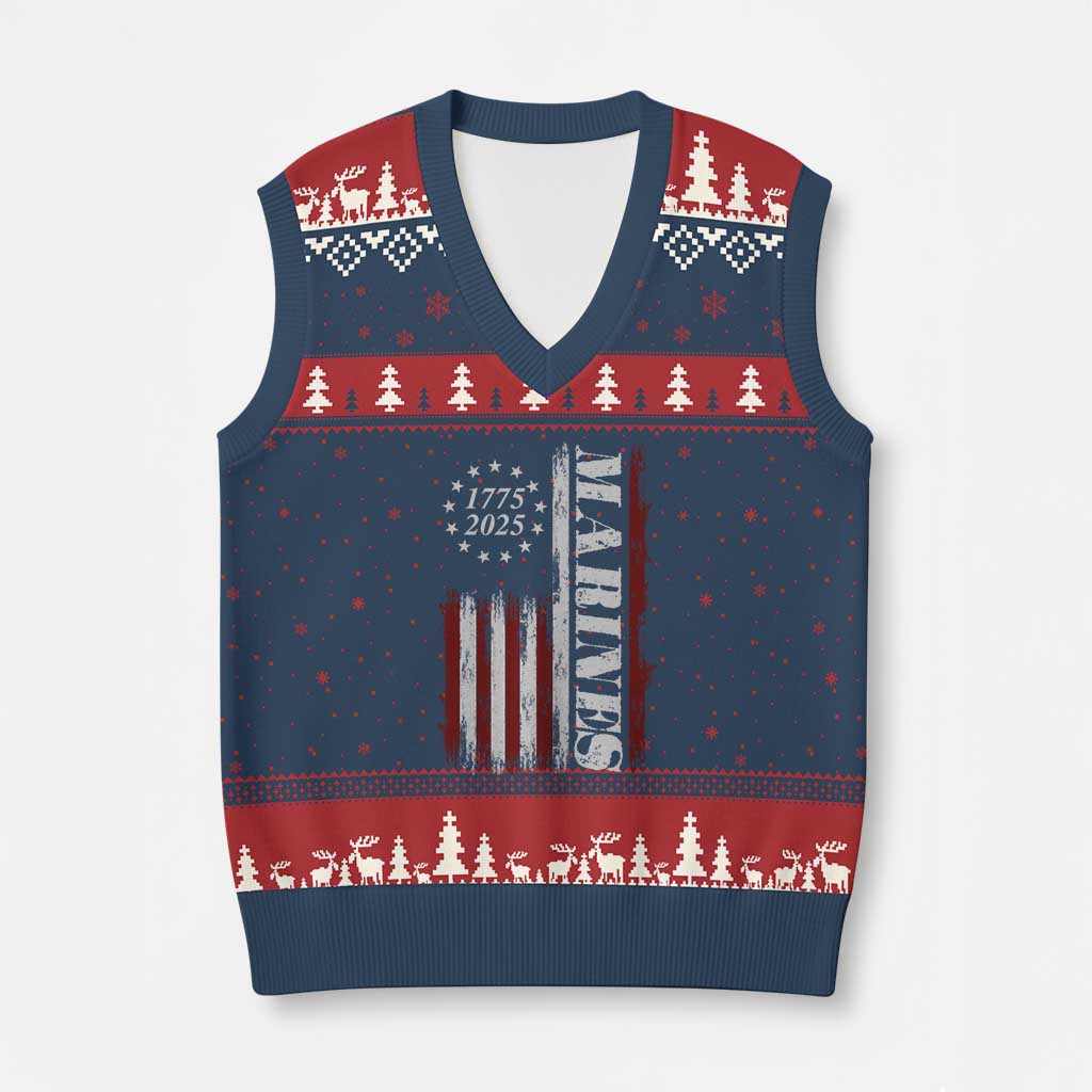 Marine 250th Anniversary V-Neck Knit Sweater Vest Retro Patriotic Military Veteran Gift American Flag - Wonder Print Shop
