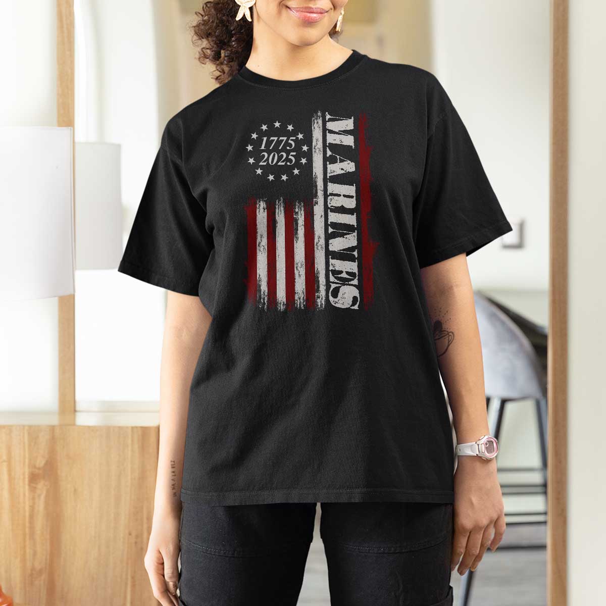 Marine 250th Anniversary T Shirt For Women Retro Patriotic Military Veteran Gift American Flag - Wonder Print Shop