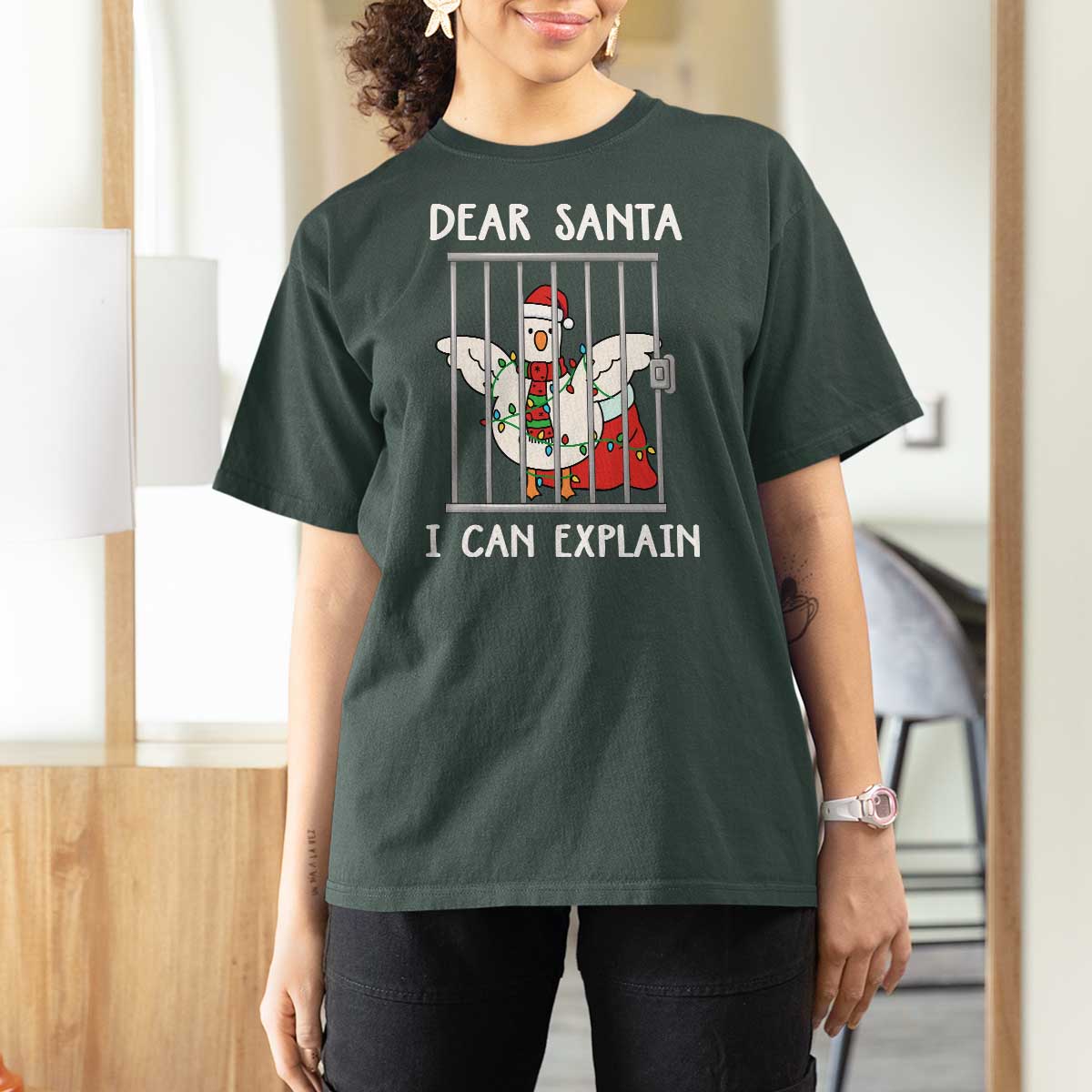 Funny Christmas Goose T Shirt For Women Dear Santa I Can Explain Xmas Meme - Wonder Print Shop