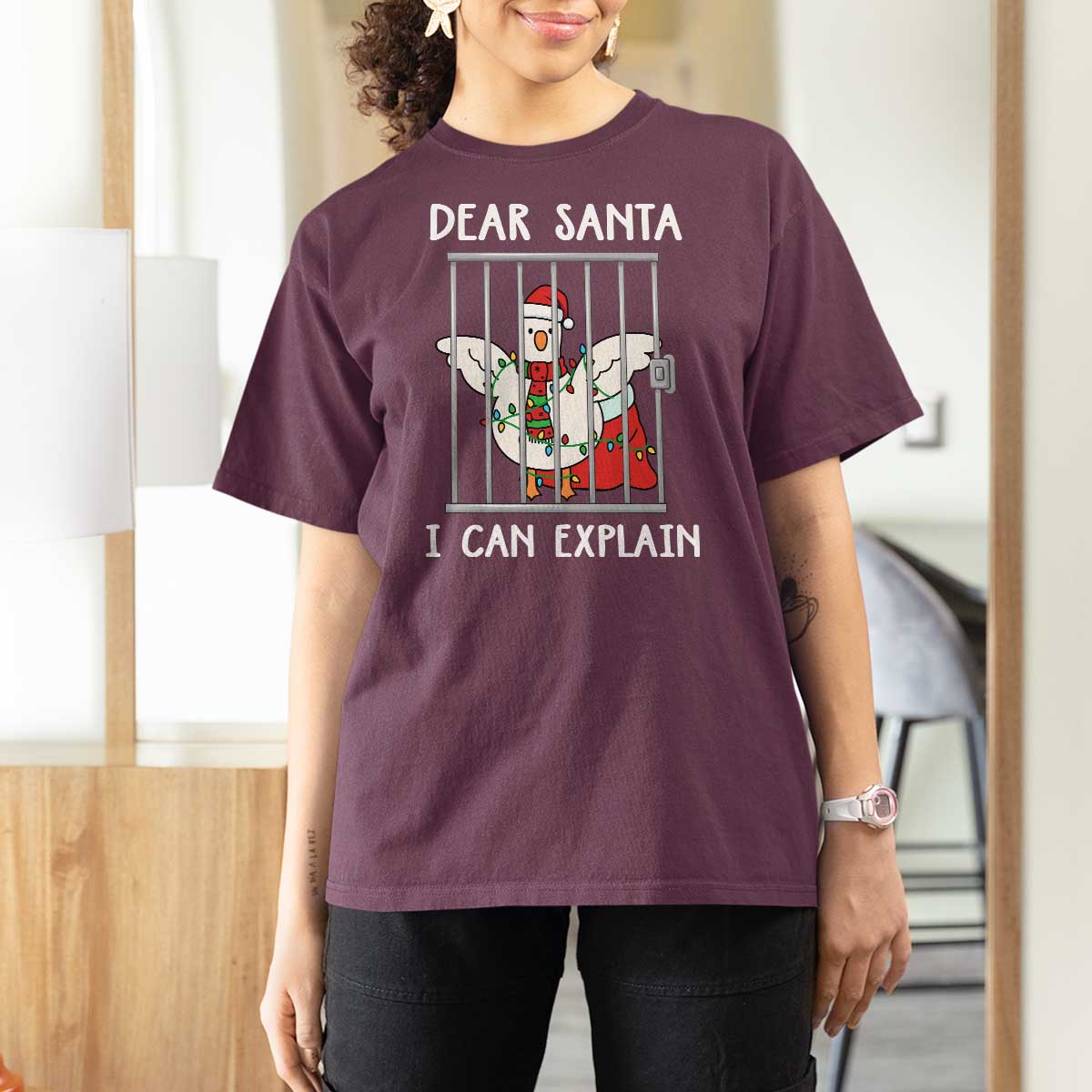 Funny Christmas Goose T Shirt For Women Dear Santa I Can Explain Xmas Meme - Wonder Print Shop