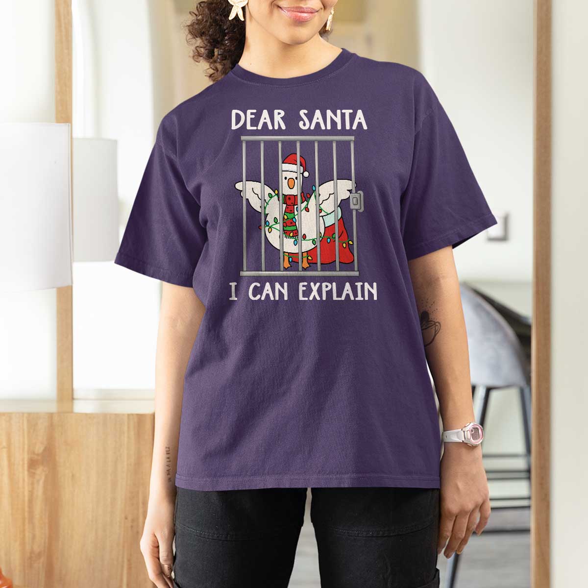 Funny Christmas Goose T Shirt For Women Dear Santa I Can Explain Xmas Meme - Wonder Print Shop