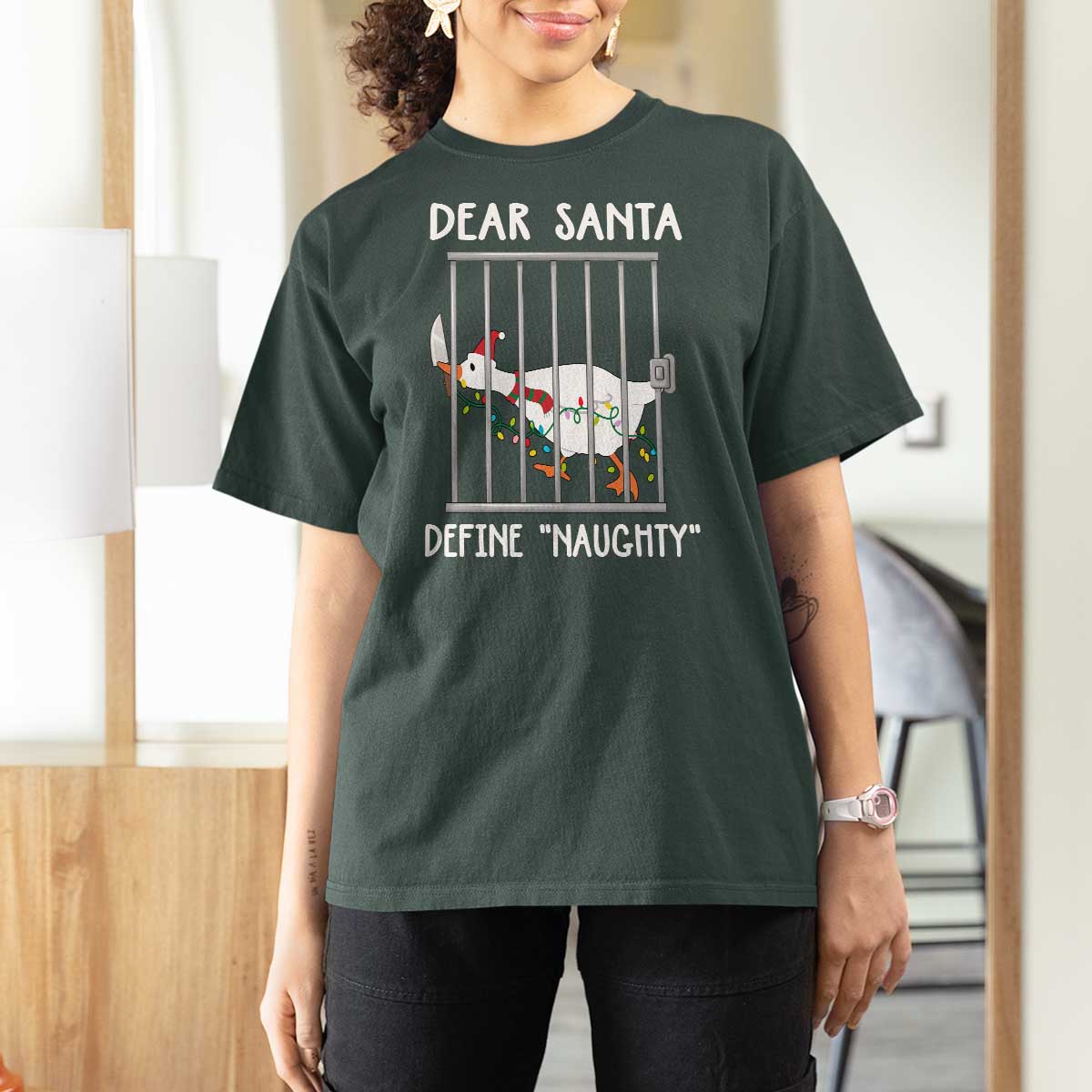 Funny Christmas Goose T Shirt For Women Dear Santa Define Naughty Xmas Meme - Wonder Print Shop