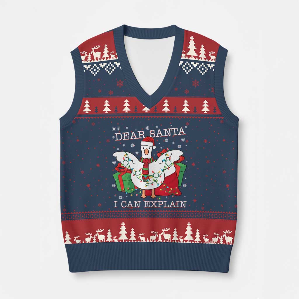 Funny Xmas Goose V-Neck Knit Sweater Vest Dear Santa I Can Explain Cute Xmas Meme - Wonder Print Shop