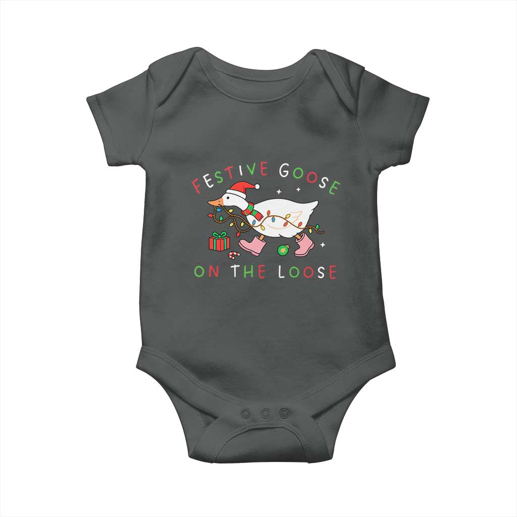 Funny Christmas Goose Baby Onesie Festive Goose On The Loose Xmas Duck Meme - Wonder Print Shop