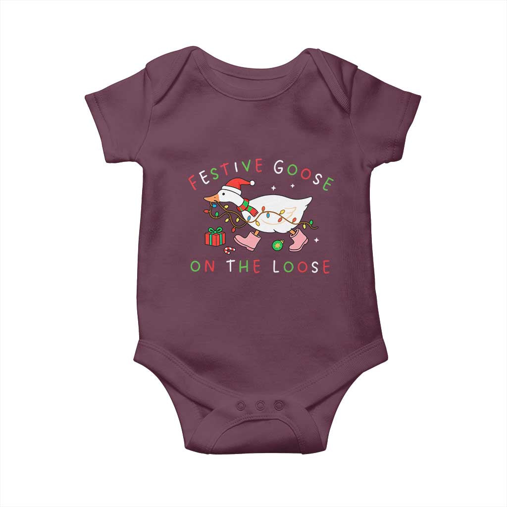 Funny Christmas Goose Baby Onesie Festive Goose On The Loose Xmas Duck Meme - Wonder Print Shop