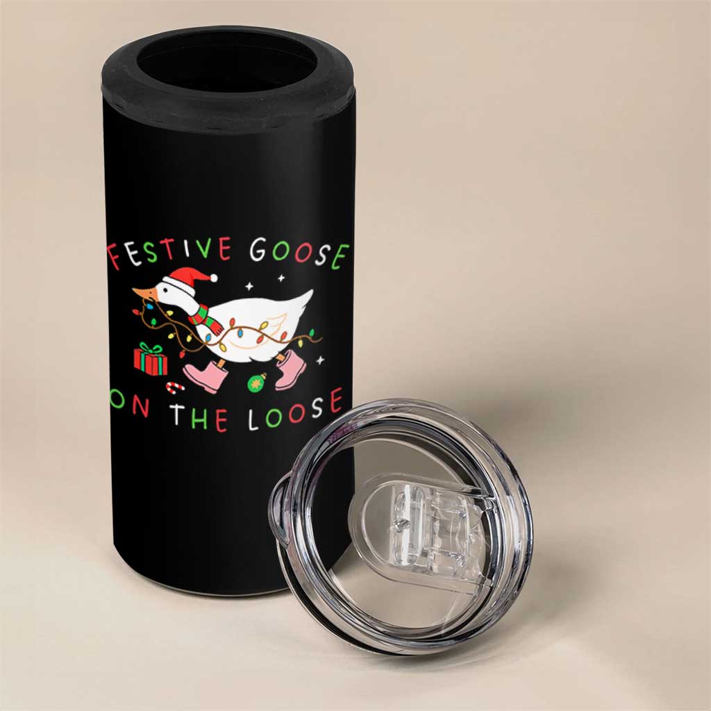 Funny Christmas Goose 4 in 1 Can Cooler Tumbler Festive Goose On The Loose Xmas Duck Meme - Wonder Print Shop