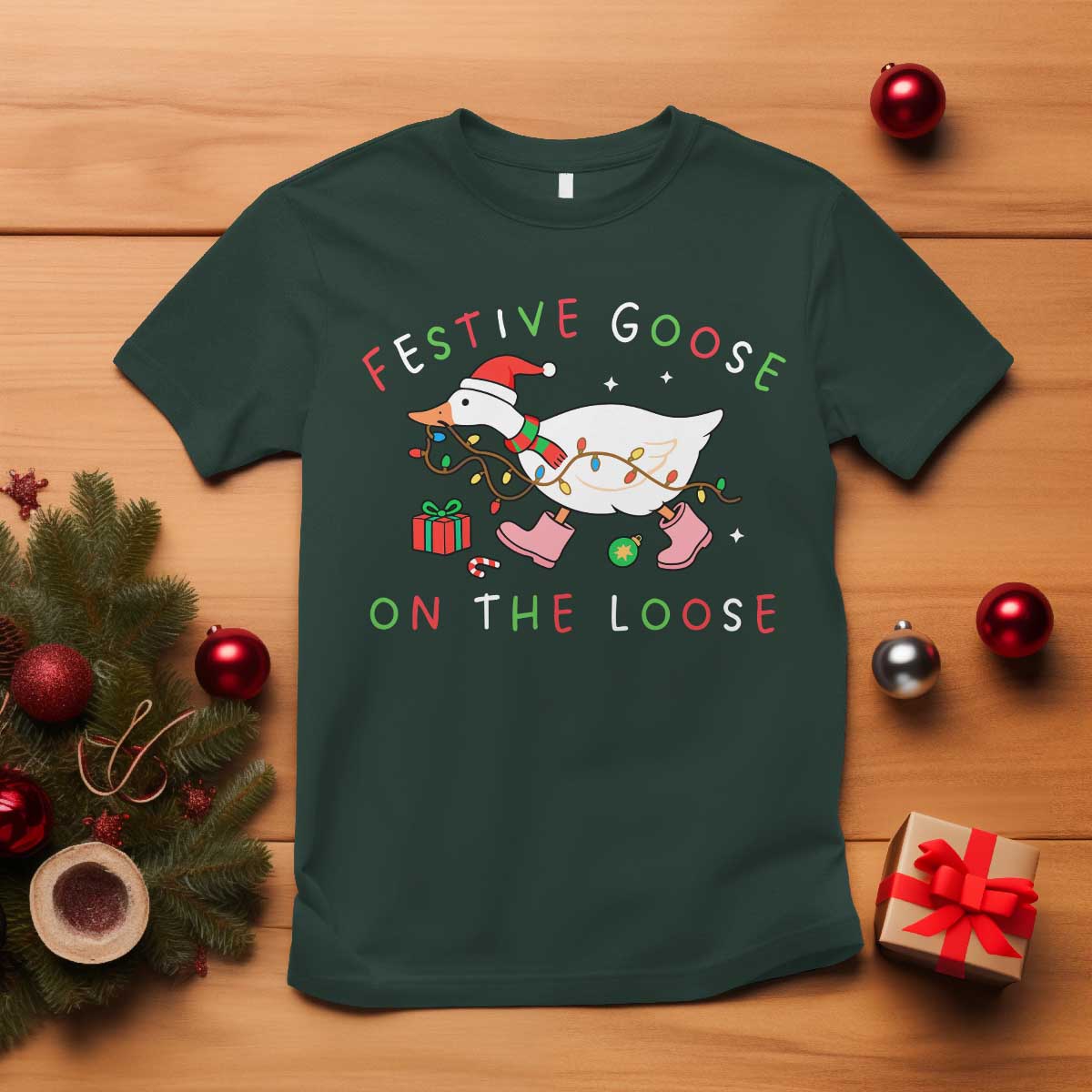 Funny Christmas Goose T Shirt Festive Goose On The Loose Xmas Duck Meme - Wonder Print Shop