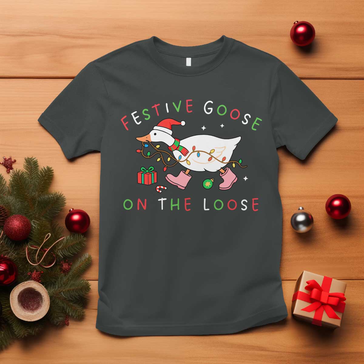 Funny Christmas Goose T Shirt Festive Goose On The Loose Xmas Duck Meme - Wonder Print Shop