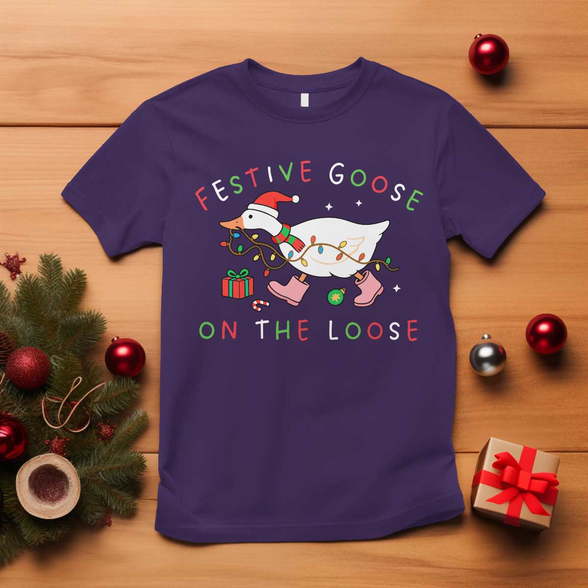 Funny Christmas Goose T Shirt Festive Goose On The Loose Xmas Duck Meme - Wonder Print Shop