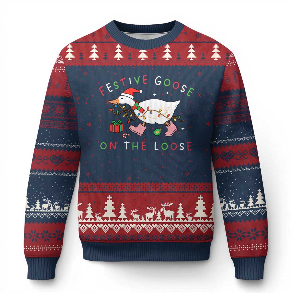 Funny Xmas Goose Ugly Christmas Sweater Festive Goose On The Loose Xmas Duck Meme - Wonder Print Shop