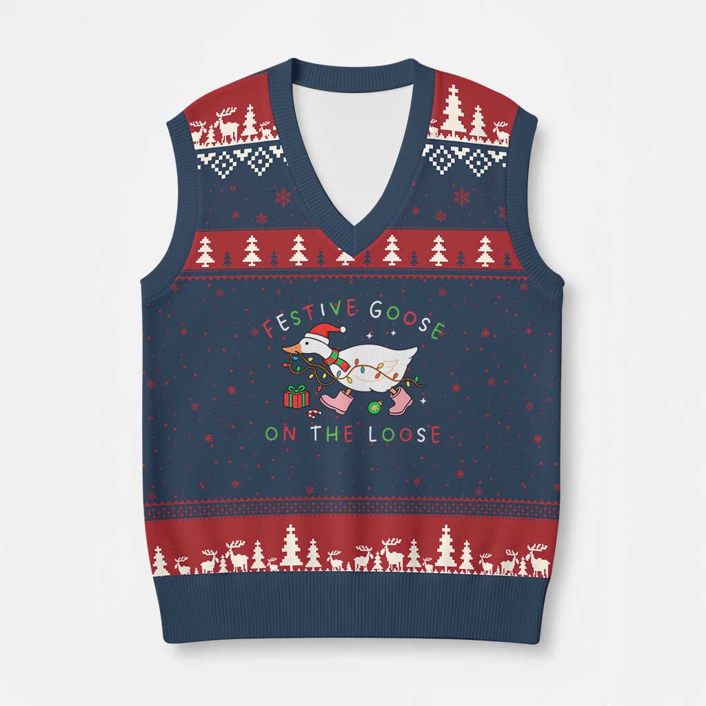 Funny Xmas Goose V-Neck Knit Sweater Vest Festive Goose On The Loose Xmas Duck Meme - Wonder Print Shop