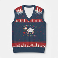 Funny Xmas Goose V-Neck Knit Sweater Vest Festive Goose On The Loose Xmas Duck Meme - Wonder Print Shop