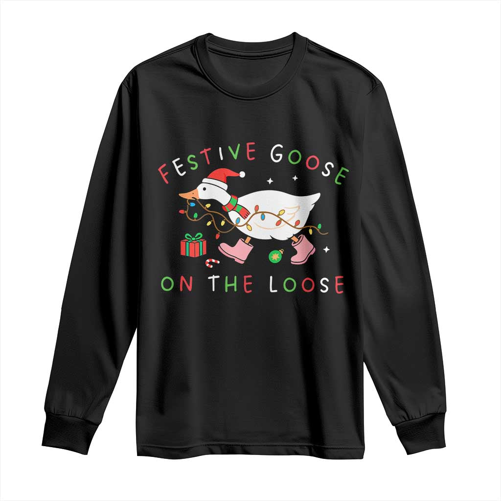 Funny Christmas Goose Long Sleeve Shirt Festive Goose On The Loose Xmas Duck Meme - Wonder Print Shop