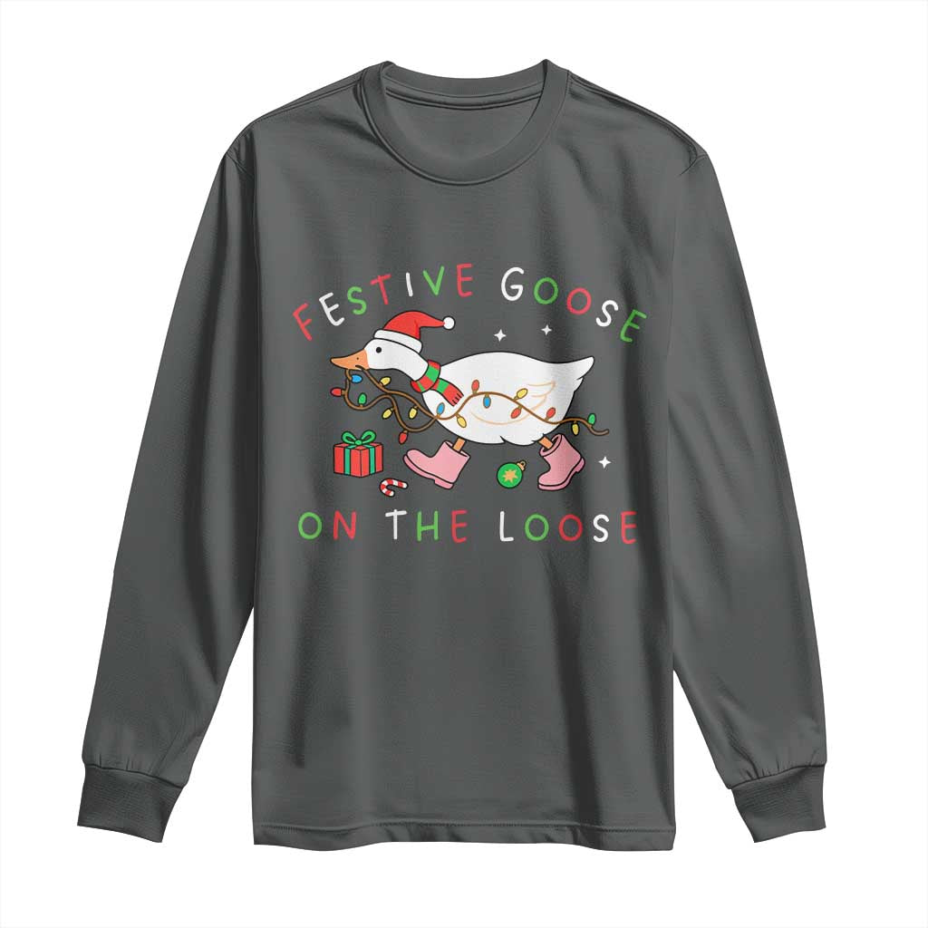 Funny Christmas Goose Long Sleeve Shirt Festive Goose On The Loose Xmas Duck Meme - Wonder Print Shop