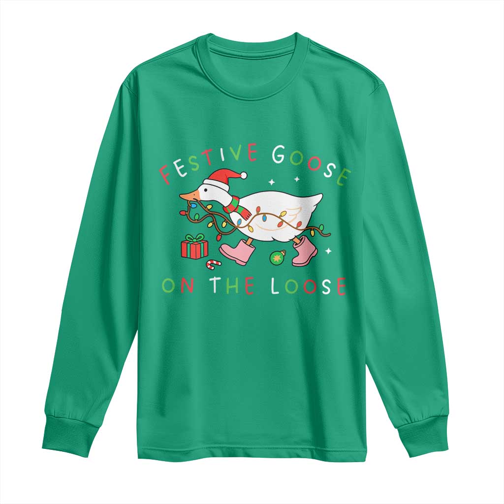 Funny Christmas Goose Long Sleeve Shirt Festive Goose On The Loose Xmas Duck Meme - Wonder Print Shop