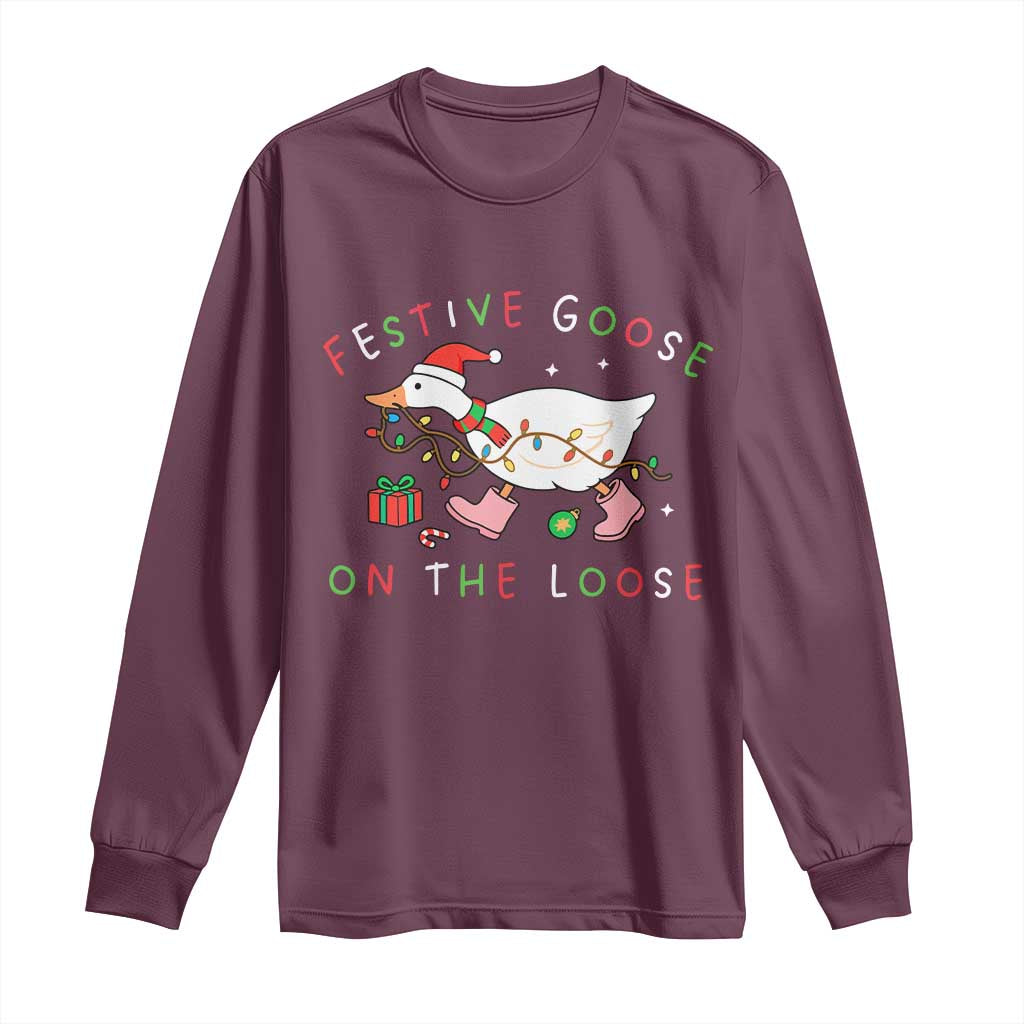Funny Christmas Goose Long Sleeve Shirt Festive Goose On The Loose Xmas Duck Meme - Wonder Print Shop