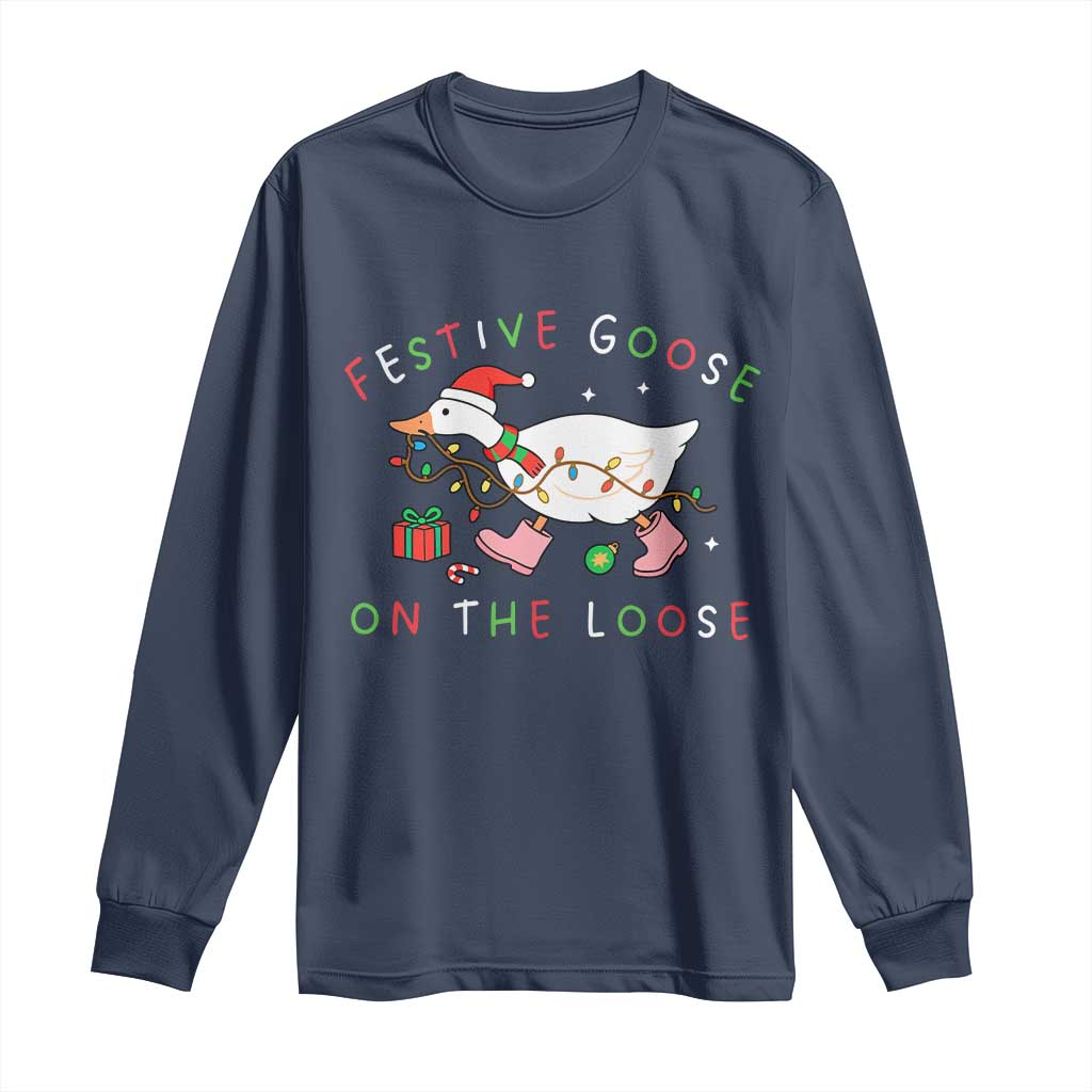 Funny Christmas Goose Long Sleeve Shirt Festive Goose On The Loose Xmas Duck Meme - Wonder Print Shop