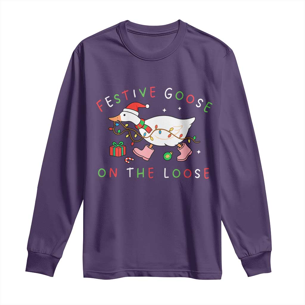 Funny Christmas Goose Long Sleeve Shirt Festive Goose On The Loose Xmas Duck Meme - Wonder Print Shop