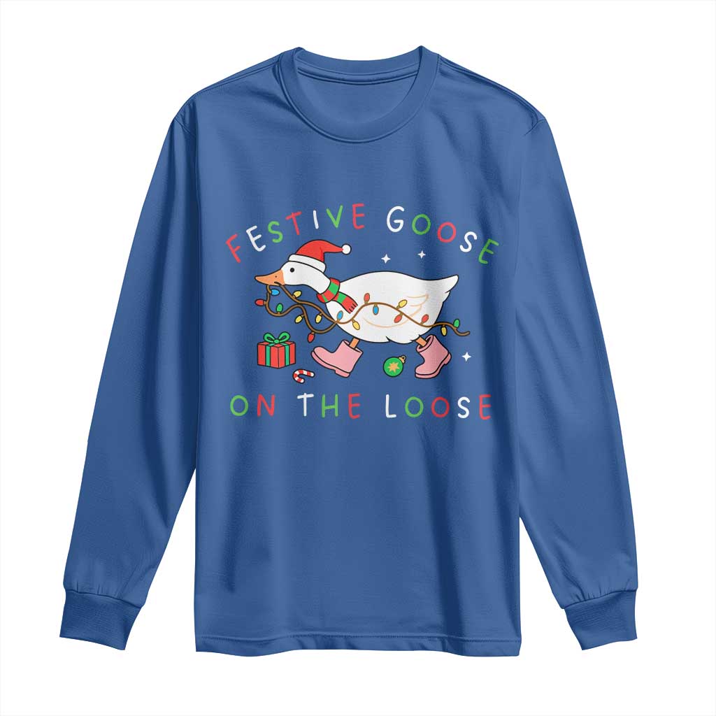 Funny Christmas Goose Long Sleeve Shirt Festive Goose On The Loose Xmas Duck Meme - Wonder Print Shop