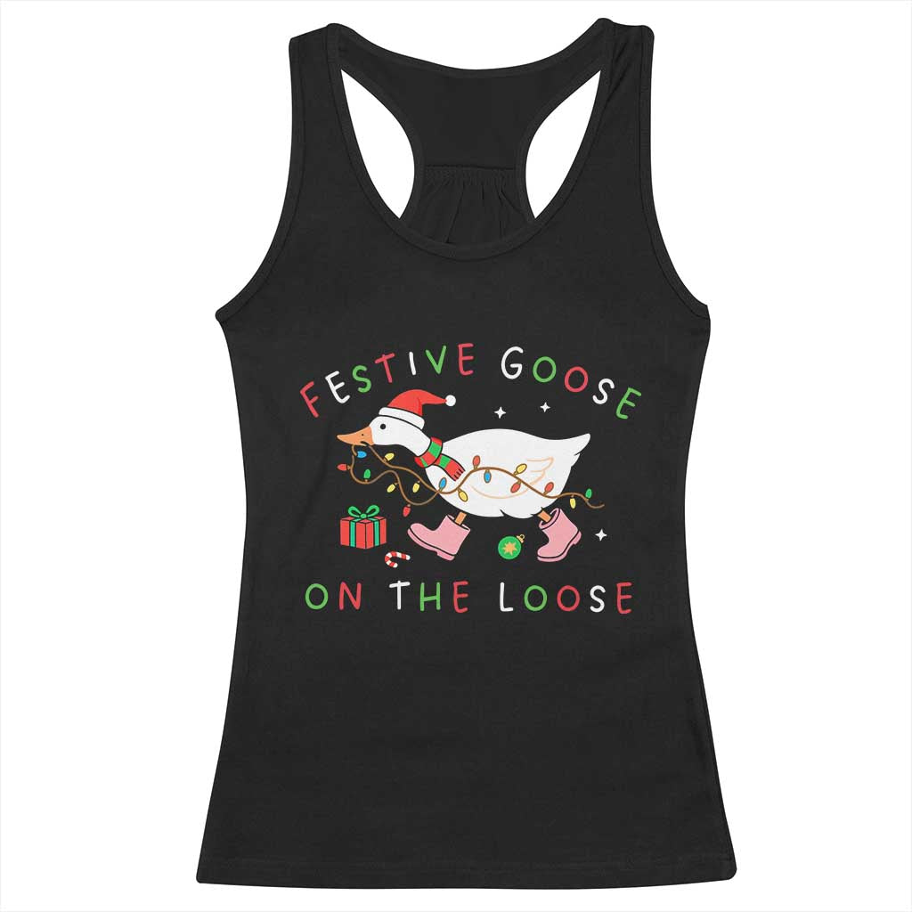 Funny Christmas Goose Racerback Tank Top Festive Goose On The Loose Xmas Duck Meme - Wonder Print Shop