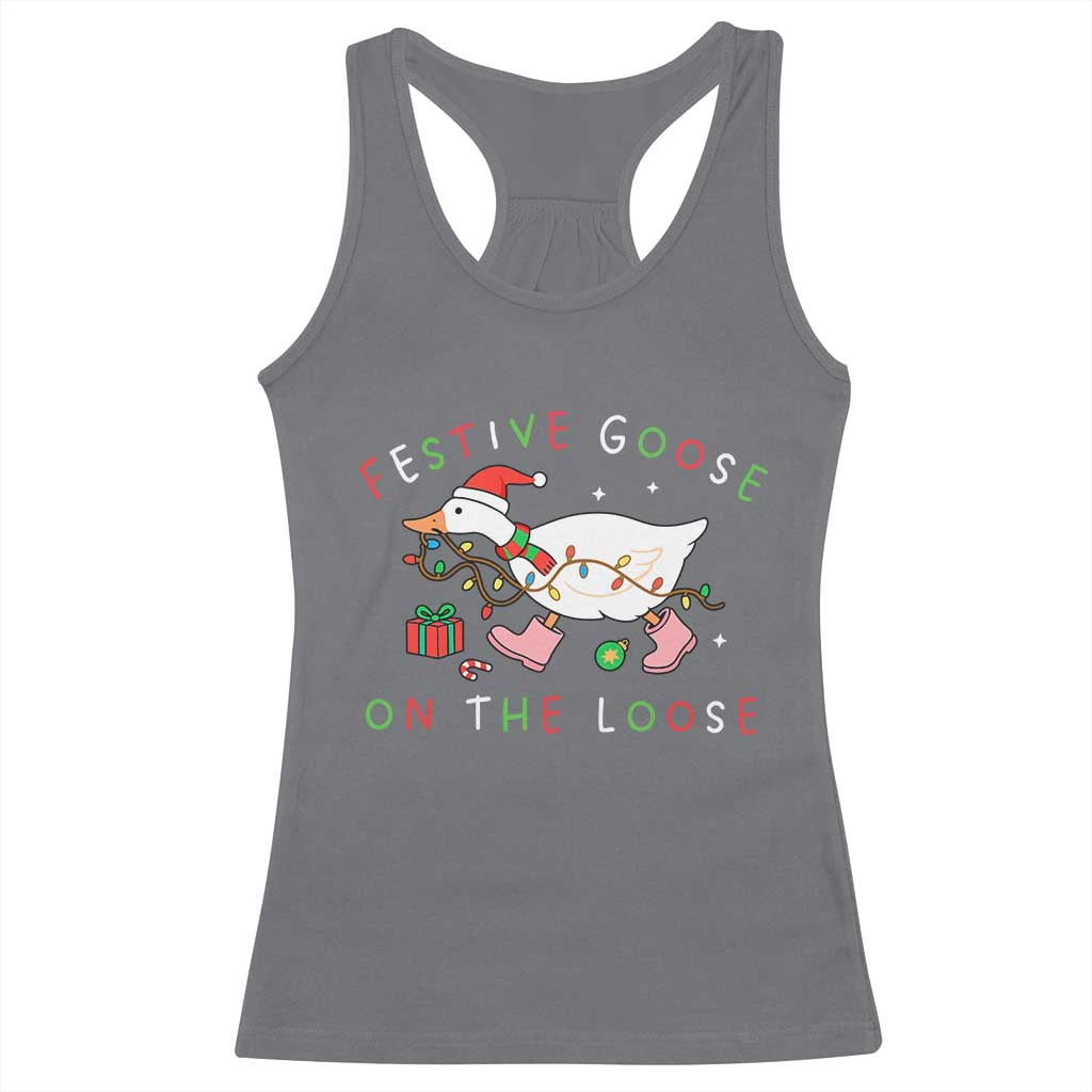 Funny Christmas Goose Racerback Tank Top Festive Goose On The Loose Xmas Duck Meme - Wonder Print Shop