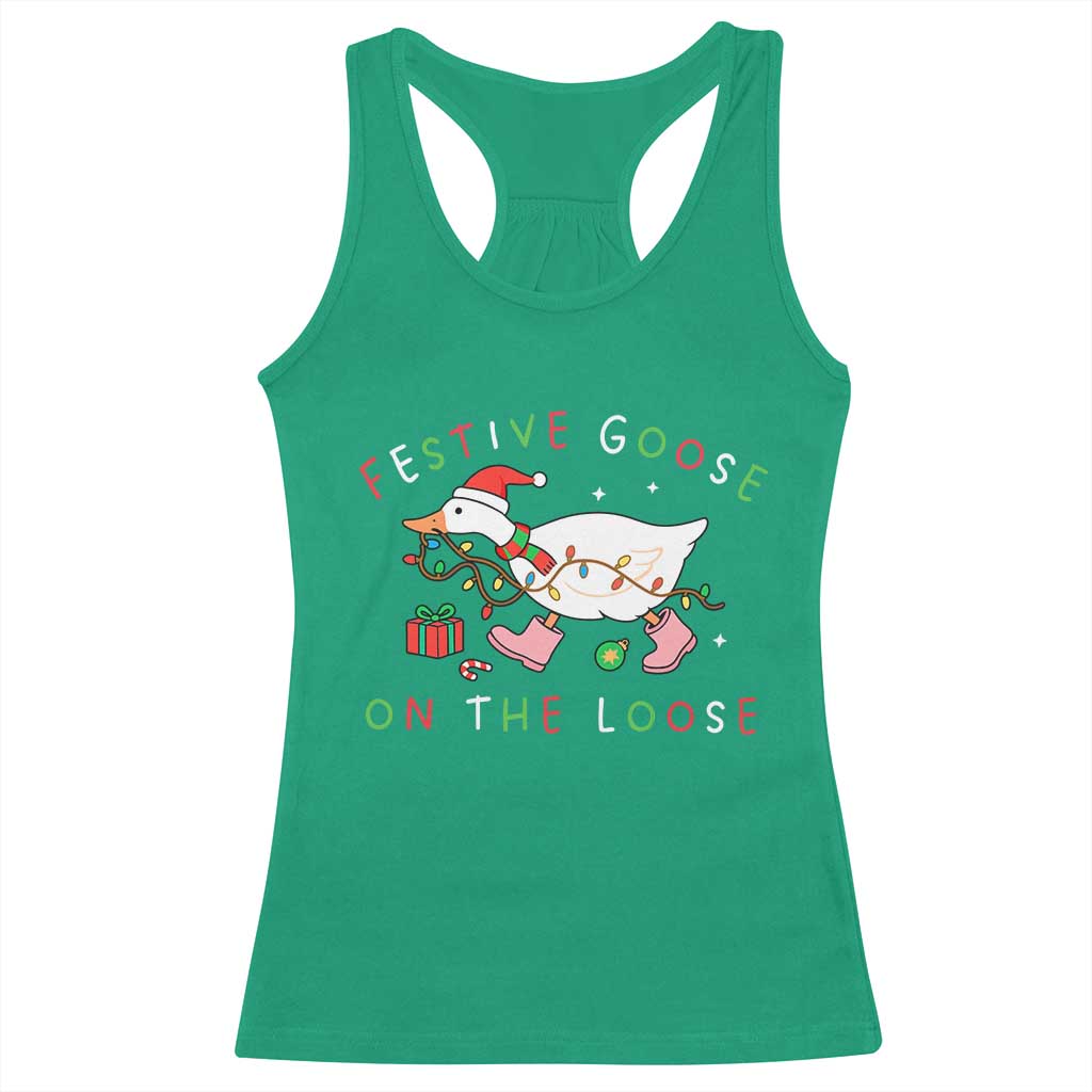 Funny Christmas Goose Racerback Tank Top Festive Goose On The Loose Xmas Duck Meme - Wonder Print Shop