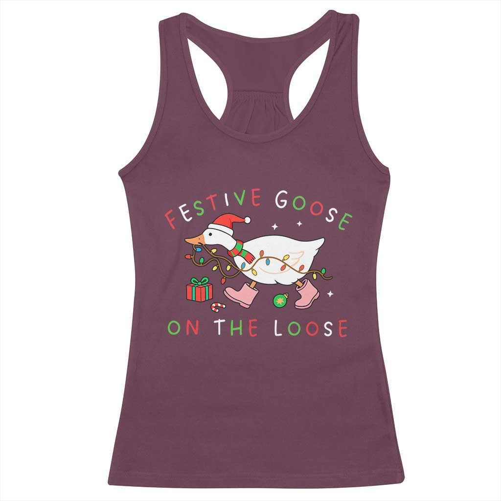 Funny Christmas Goose Racerback Tank Top Festive Goose On The Loose Xmas Duck Meme - Wonder Print Shop
