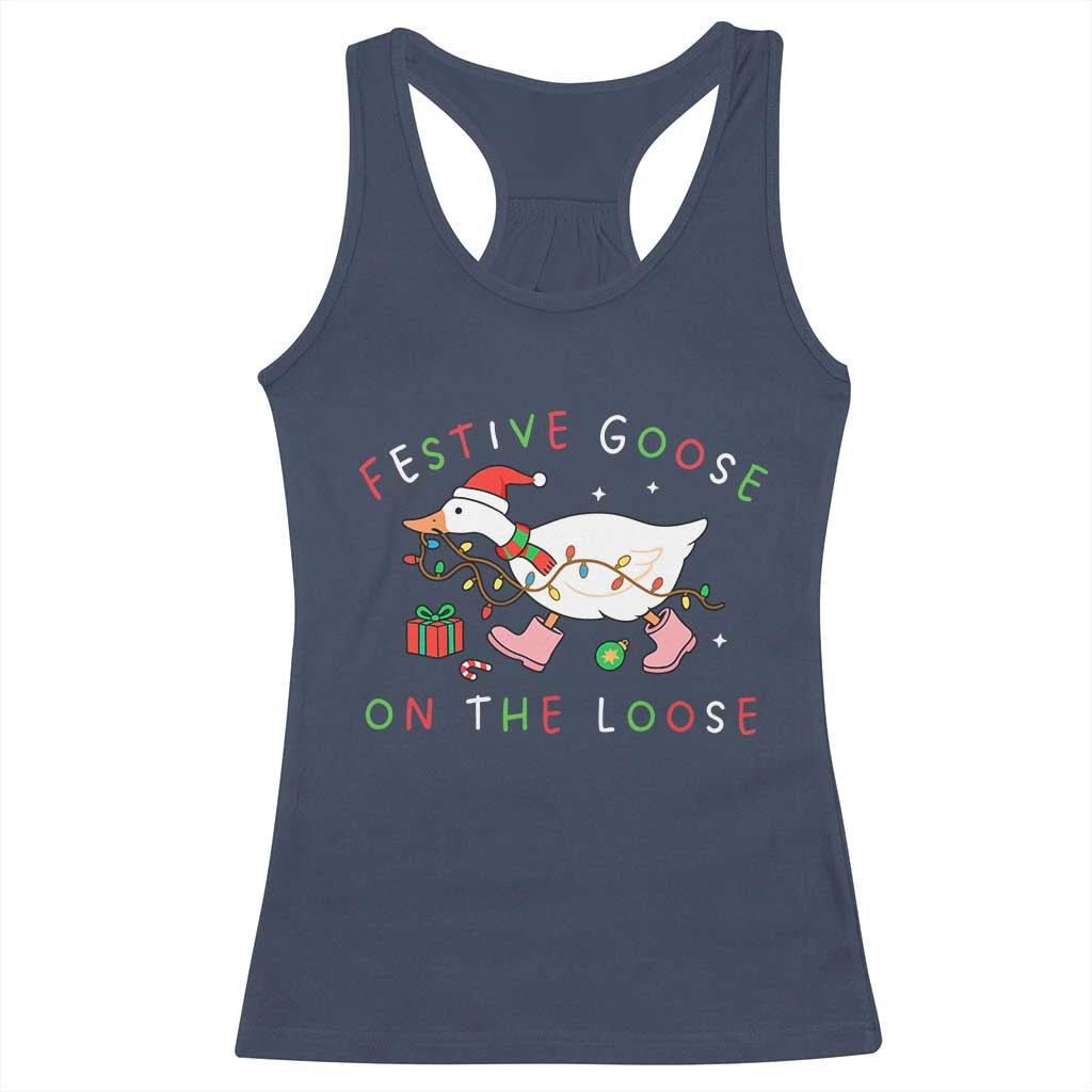 Funny Christmas Goose Racerback Tank Top Festive Goose On The Loose Xmas Duck Meme - Wonder Print Shop