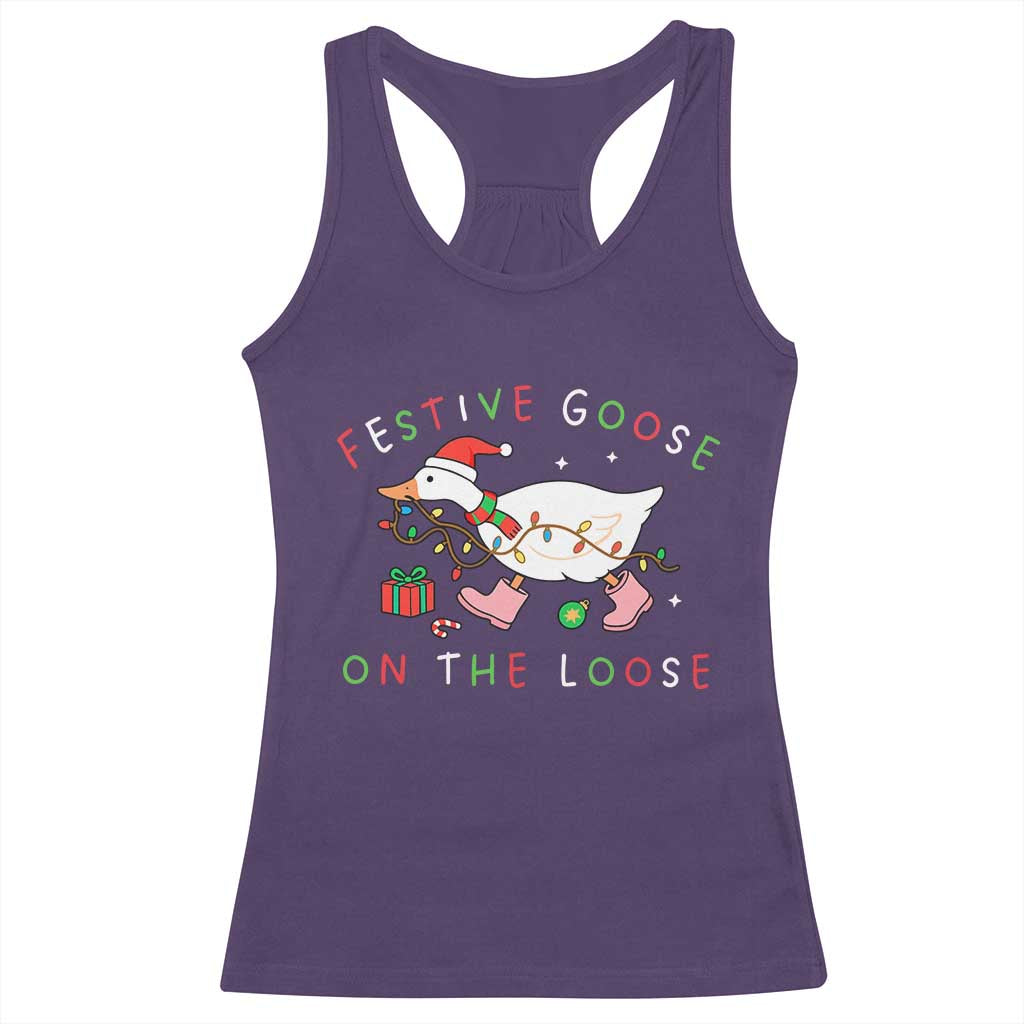 Funny Christmas Goose Racerback Tank Top Festive Goose On The Loose Xmas Duck Meme - Wonder Print Shop