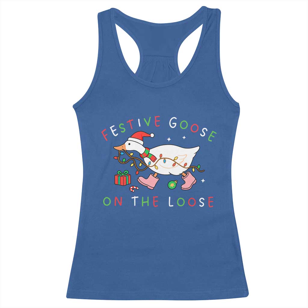 Funny Christmas Goose Racerback Tank Top Festive Goose On The Loose Xmas Duck Meme - Wonder Print Shop