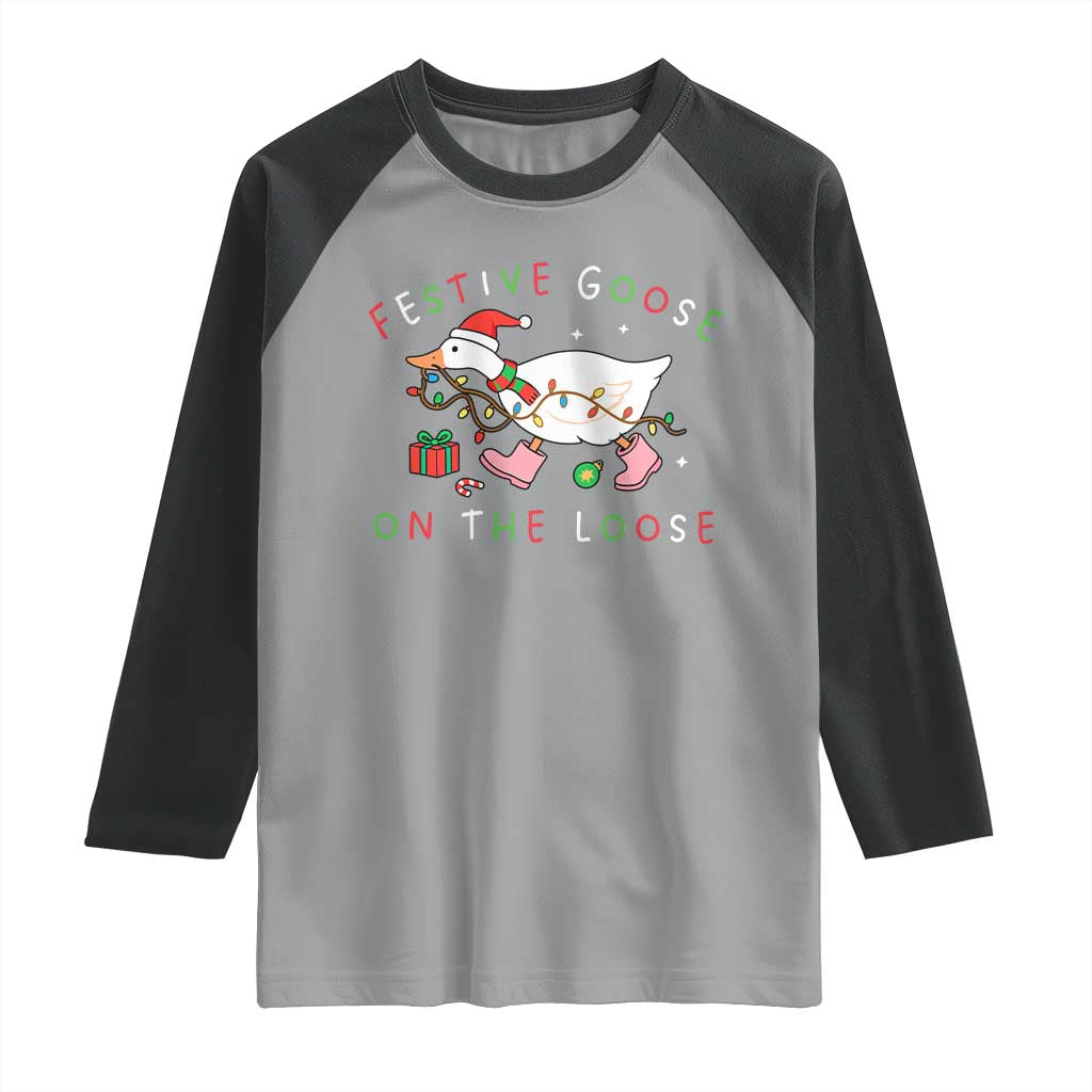 Funny Christmas Goose Raglan Shirt Festive Goose On The Loose Xmas Duck Meme - Wonder Print Shop