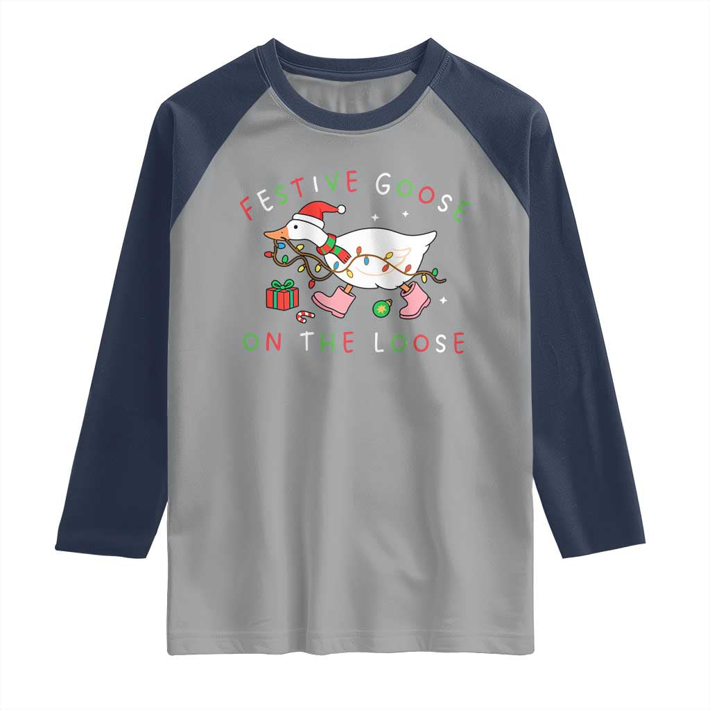 Funny Christmas Goose Raglan Shirt Festive Goose On The Loose Xmas Duck Meme - Wonder Print Shop
