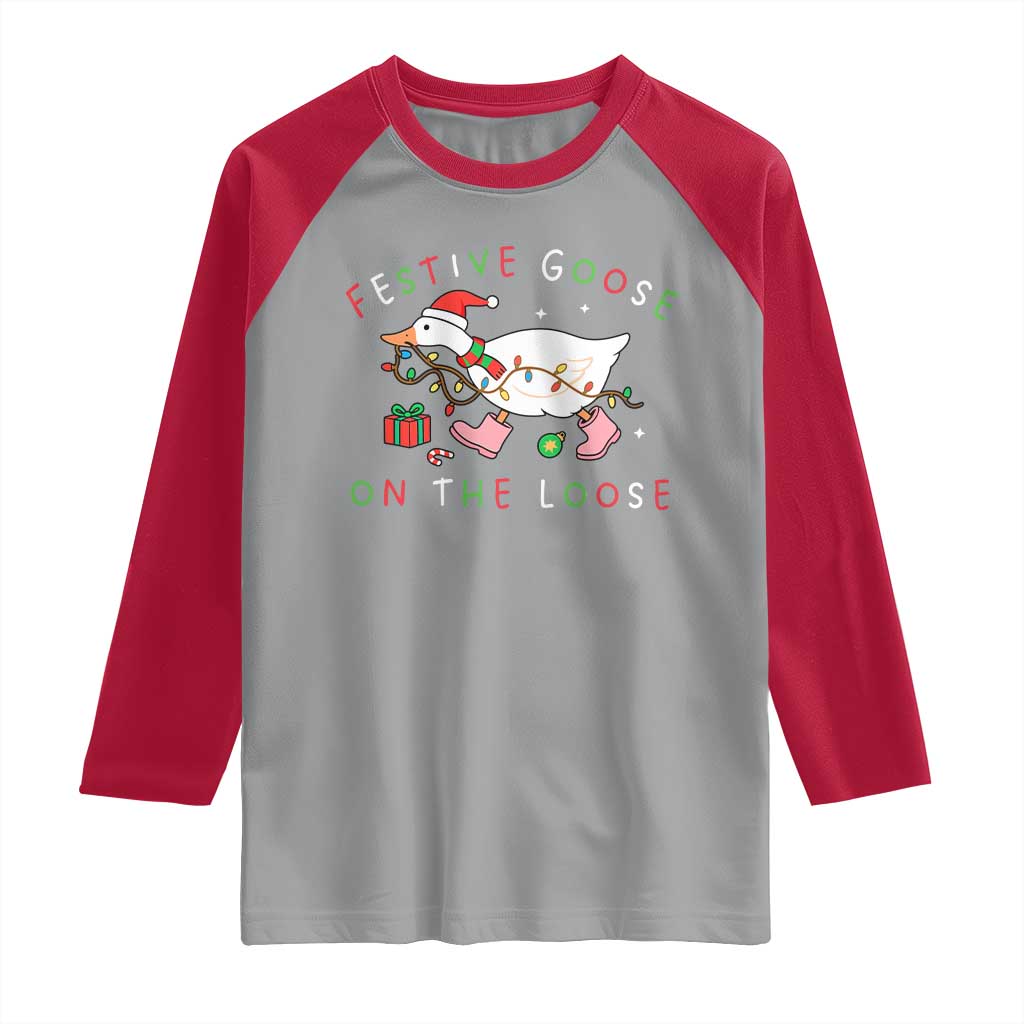 Funny Christmas Goose Raglan Shirt Festive Goose On The Loose Xmas Duck Meme - Wonder Print Shop