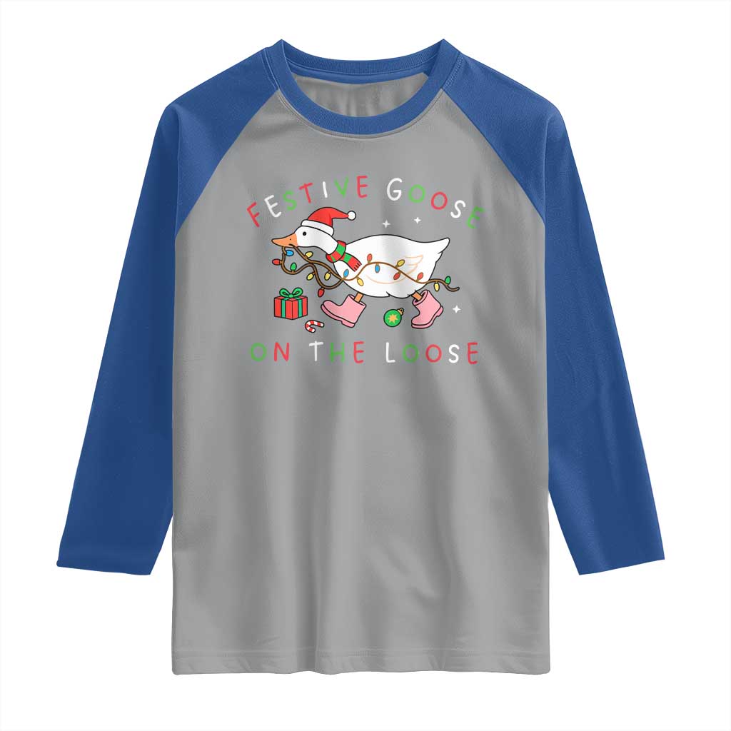 Funny Christmas Goose Raglan Shirt Festive Goose On The Loose Xmas Duck Meme - Wonder Print Shop