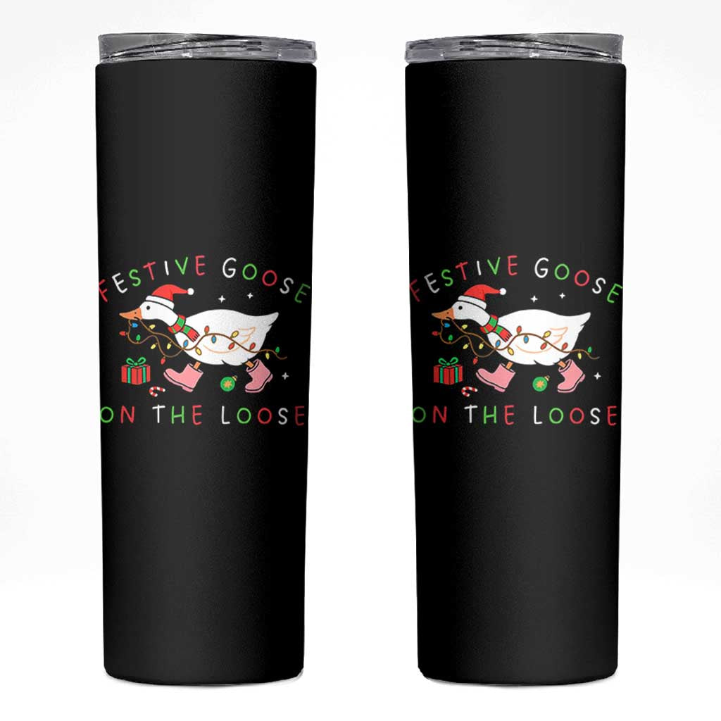 Funny Christmas Goose Skinny Tumbler Festive Goose On The Loose Xmas Duck Meme - Wonder Print Shop