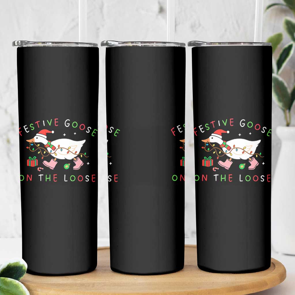 Funny Christmas Goose Skinny Tumbler Festive Goose On The Loose Xmas Duck Meme - Wonder Print Shop